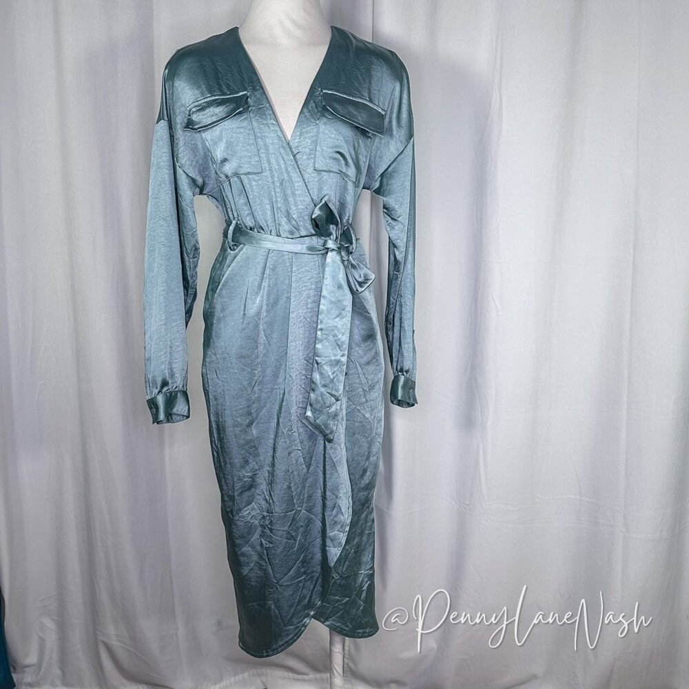 Garota Satin Faux Wrap Midi Dress Blue